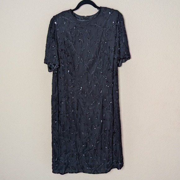 Vintage Lane Bryant Designs Collection Silk Beaded Sequin Black Dress 14/16 90s - Picture 1 of 13